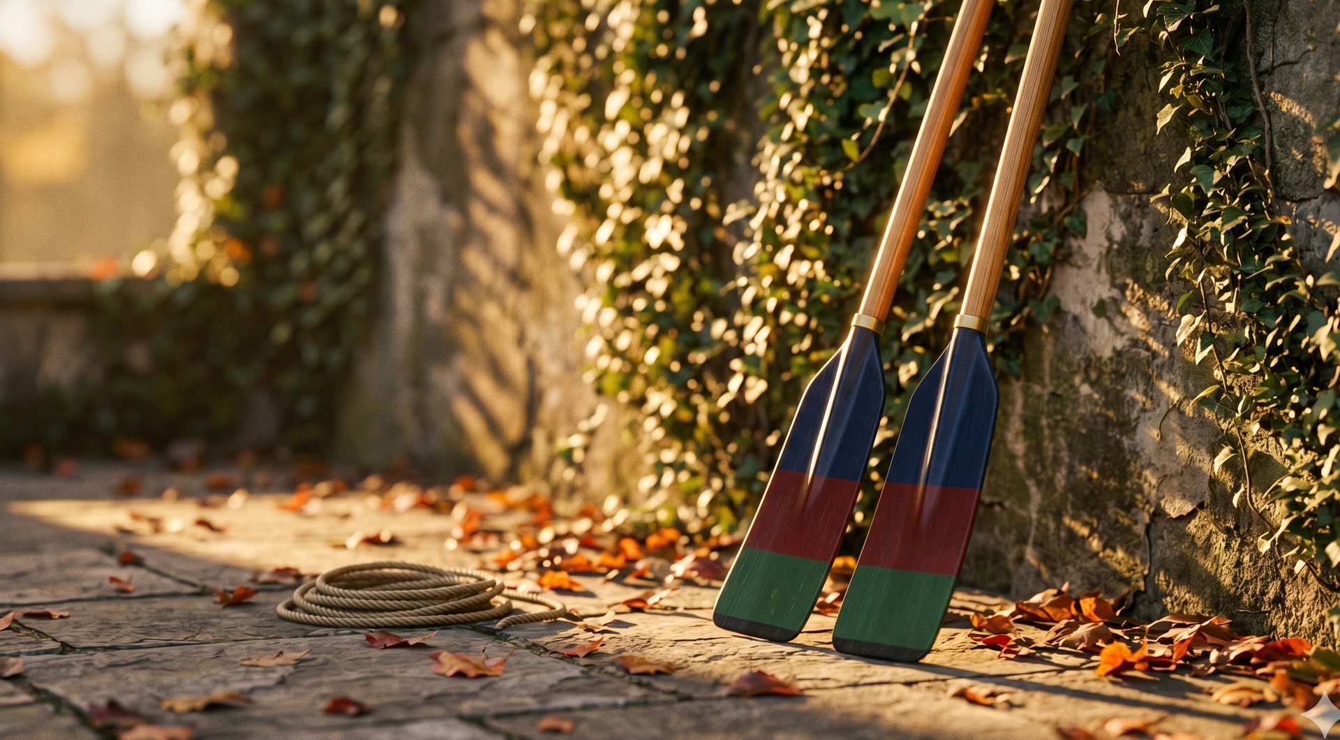 A pair of painted wooden oars resting against a stone wall at golden hour
